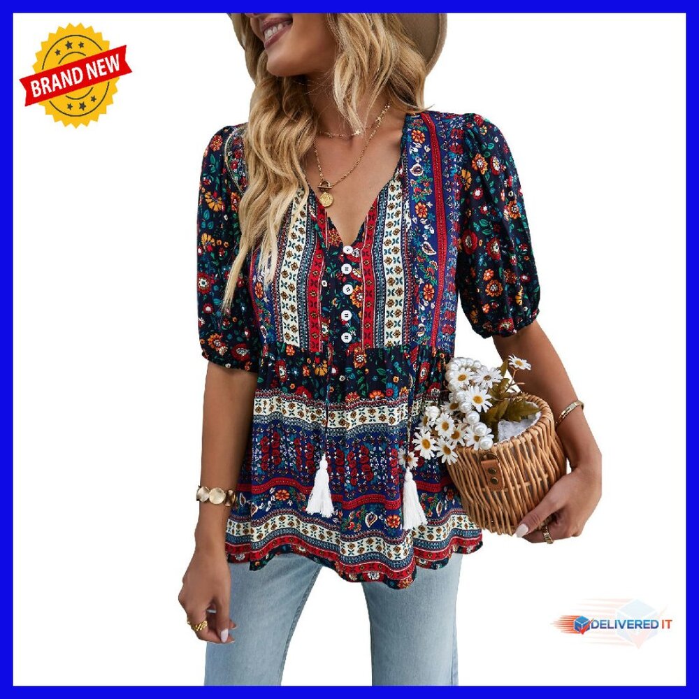 Soft Rayon V-Neck Blouse Loose Fit Floral Print Long Sleeve Top